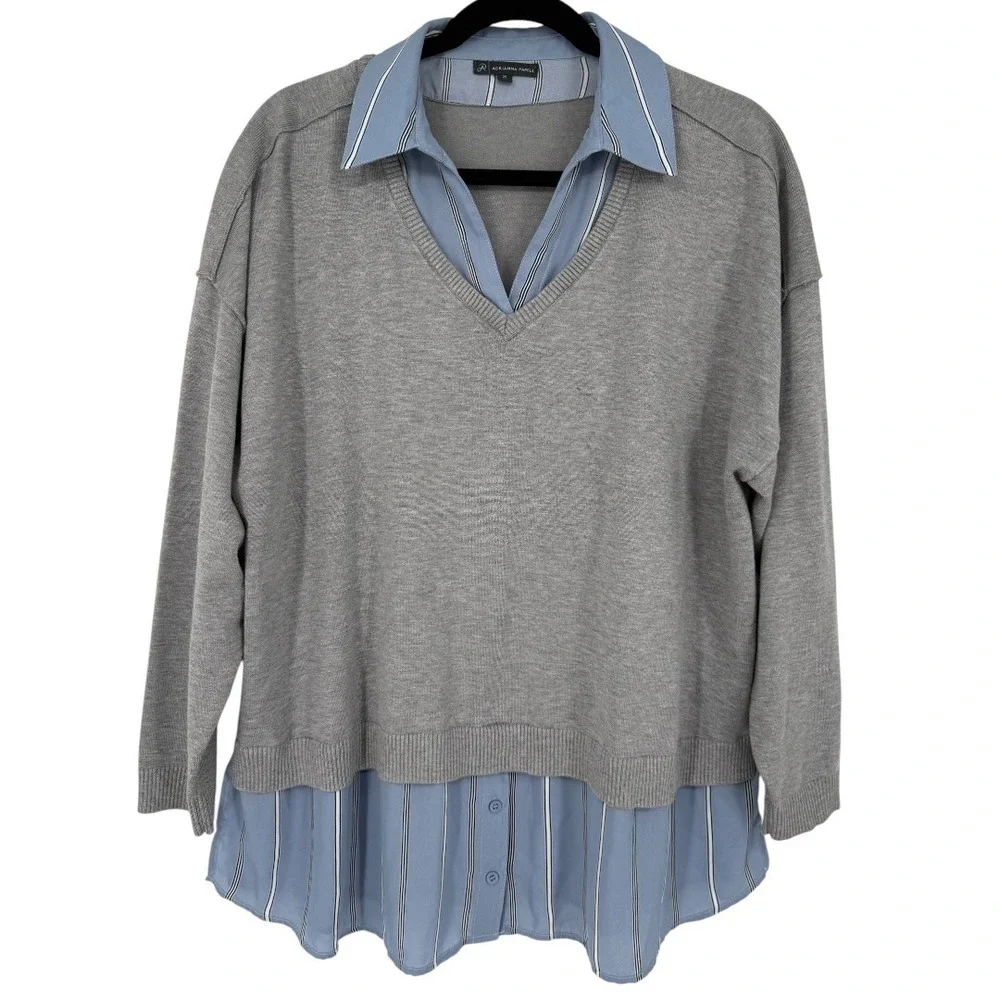Adrianna Papell Womens 2-in-1 Mixed Media Layered Sweater Top Gray Blue Size 2X - Picture 4 of 14